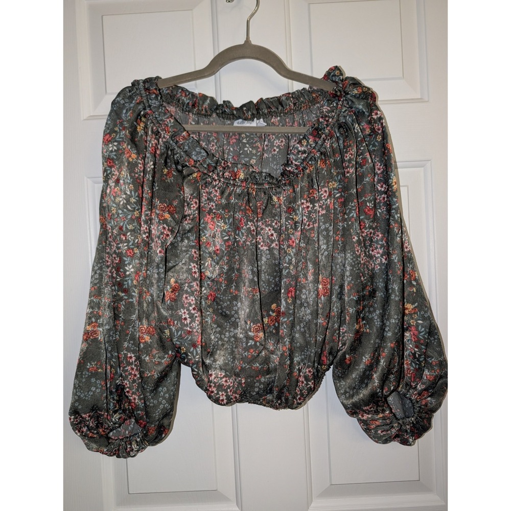 Willow & Root Dark Floral Peasant Blouse L Balloon Sleeve Cottagecore Boho